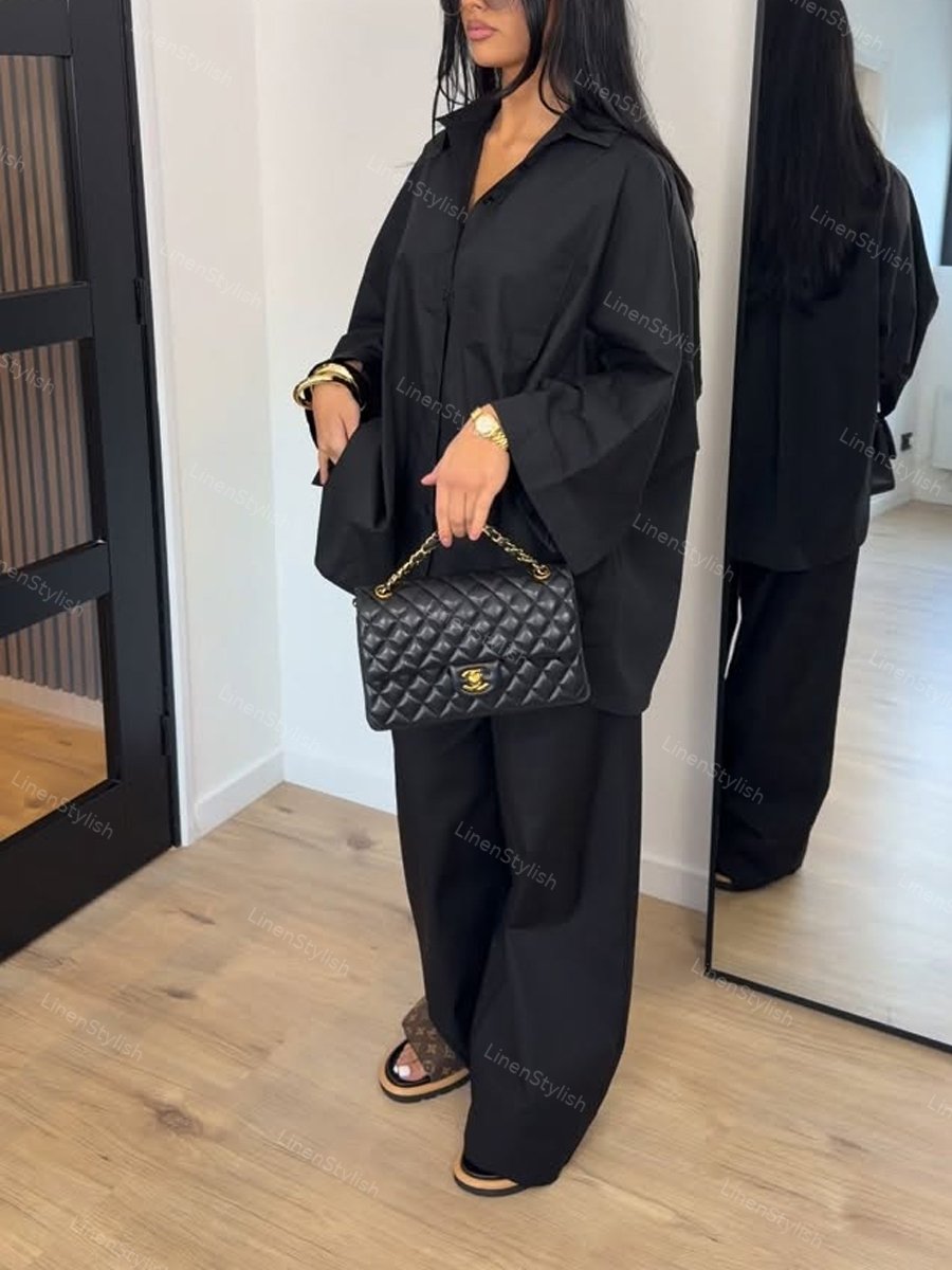 Casual Solid Color Loose Shirt & Pants Two-piece Set