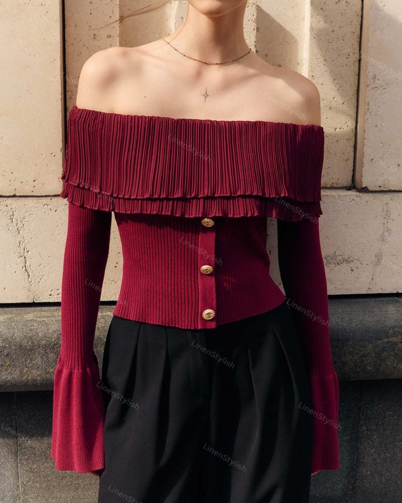 Off-the-shoulder Long-sleeve Patchwork Sweater