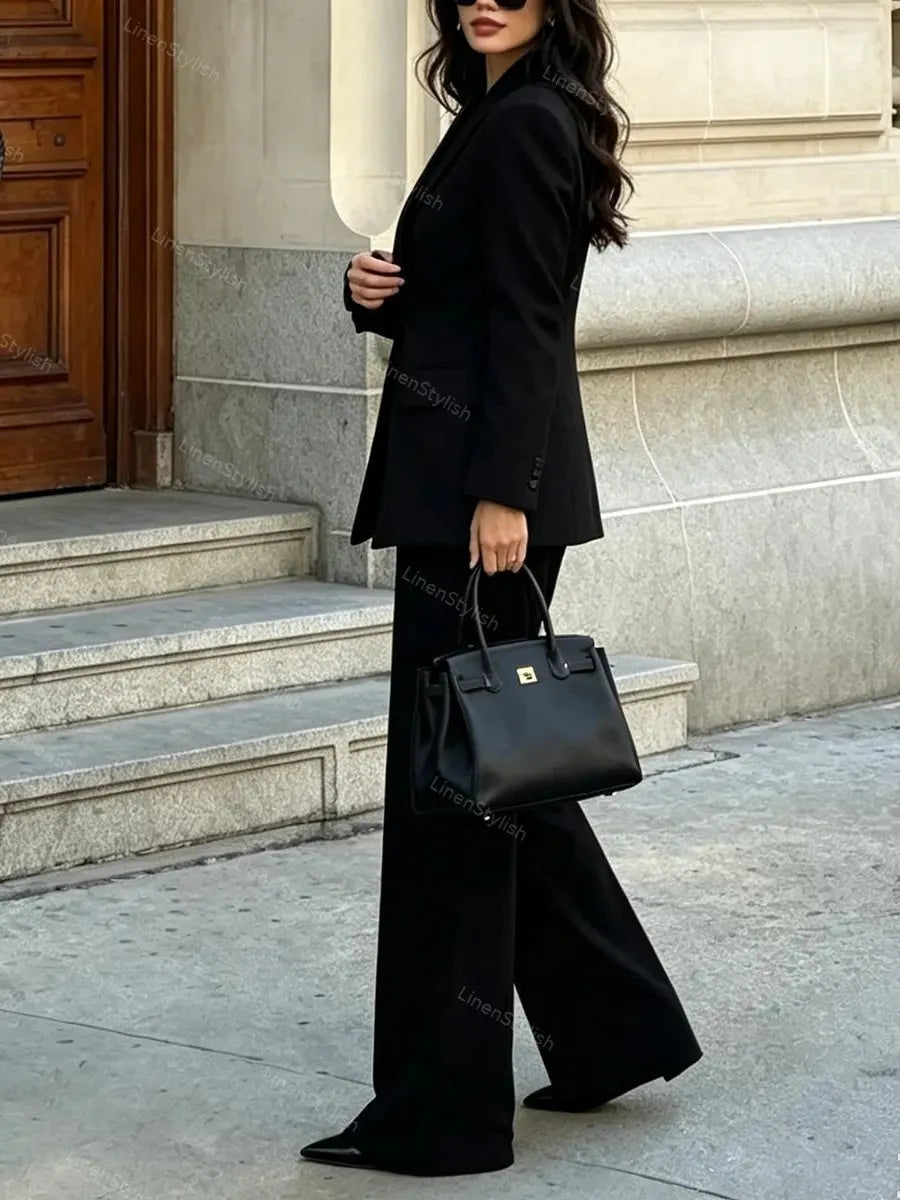 Fashionable And Elegant Tight Waist Double-breasted Blazer & Pants Two-piece Set
