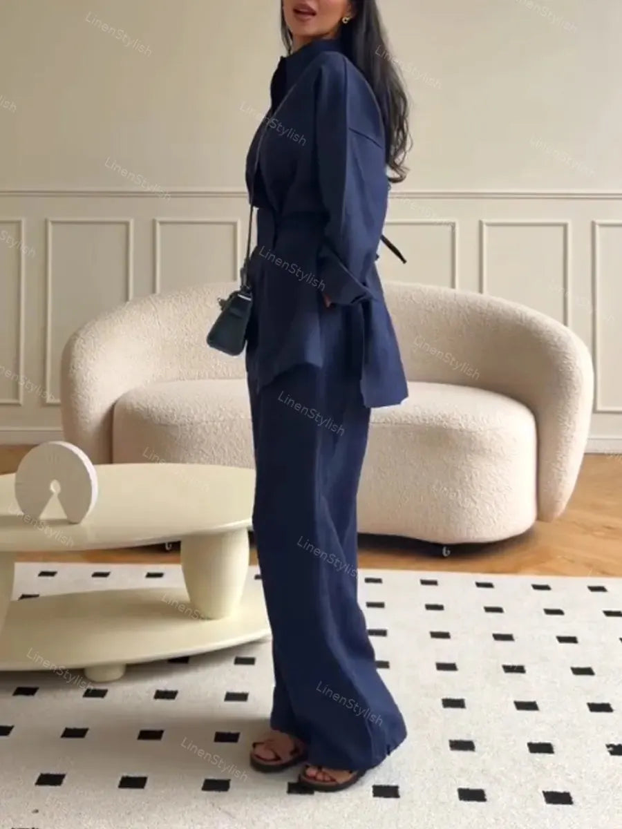 Casual Solid Color Shirt & Pants Two-piece Set